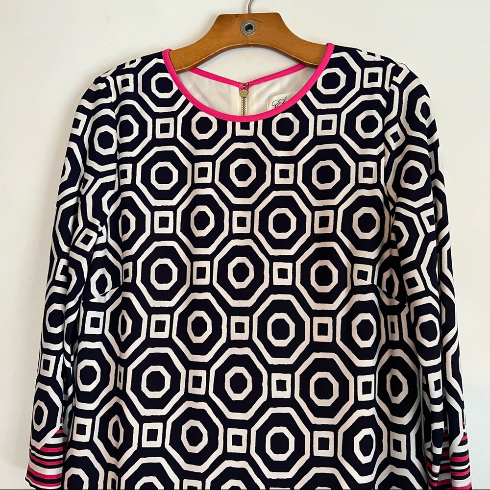 Eliza J Geometric Print Shift Dress Navy White Pink 3/4 Sleeves Size 10 - Picture 3 of 10